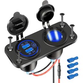 [Upgraded] Cigarette Lighter Socket Outlet Splitter, Quick Charge 3.0 USB Charger Power Outlet with LED, 12V USB Outlet Marine Waterproof Power Panel Adapter DIY Kit for Car Boat Marine RV, etc