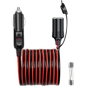 12V/24V Cigarette Lighter Extension Cord 6ft 16AWG Heavy Duty Cable with LED Light Cigarette Male to Female Socket Adapter Extension Cable for Car Tire Pump Air Compressor Mini Fridge Car Vacuum