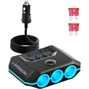 Anyongora Cigarette Lighter Splitter, 120W Car Charger Adapter with USB & PD, 7 in 1 Multi Port Power Plug with Independent Switches & LED Voltage Display for 12V- 24V Vehicles (3.3FT Cable)
