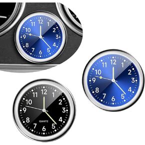cerfioo 2 PCS Car Round Clock, 1.57" x 0.31" Mini Quartz Metal Luminous Decorated Digital Clear Indicator Clock, Adhesive Mount Dashboard Vent Pocket Clock, Universal for Cars Home (Black & Blue)