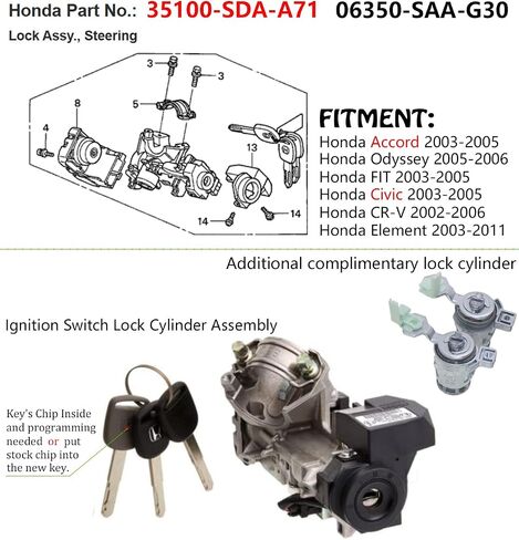 مجموعة أسطوانة قفل مفتاح الإشعال متوافقة مع Honda Accord CRV Odyssey FIT 2003-2008 06350-SAA-G30 35100-SDA-A71 مع شريحة ID48 CHENHO (مفتاح ID48 مع أسطوانة قفل) in Kuwait