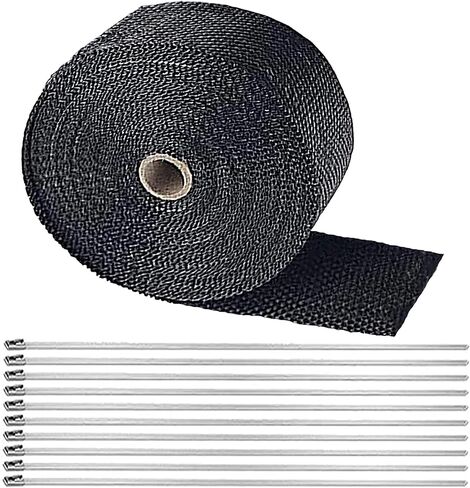 deecam العادم الحرارة التفاف، 2'' × 16.5'' الألياف الزجاجية السوداء مقاومة للحرارة العادم التفاف لفة للدراجات النارية، أنبوب عادم السيارة العزل الحراري شريط كاتم الصوت مع 10 العلاقات قفل غير القابل للصدأ in Kuwait