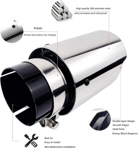 أطراف عادم لامعة من الفولاذ المقاوم للصدأ ذات حافة مستقيمة مزدوجة كاتم صوت ماسورة عادم، مدخل 2.5 بوصة إلى 3.5 بوصة طرف أنبوب عادم نهاية السيارة (أسود لامع) in Kuwait