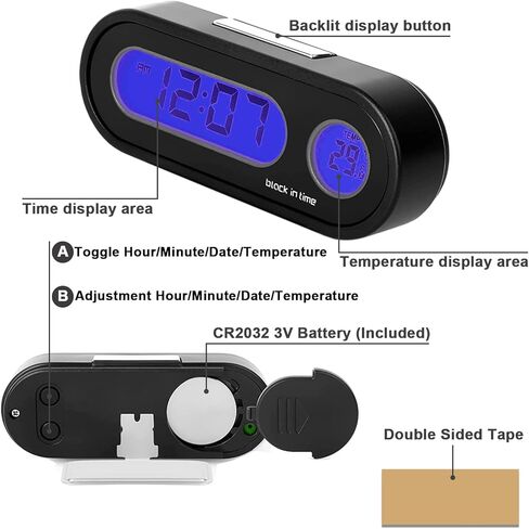 Car Clocks and Temperature with Fahrenheit Blue Backlight 2 in 1, Small Electronic Clock for Dashboard Car Clock, Vehicle Lcd Backlight Digital Dashboard Clock Mini Clock Adhesive (Includes Battery) in Saudi Arabia
