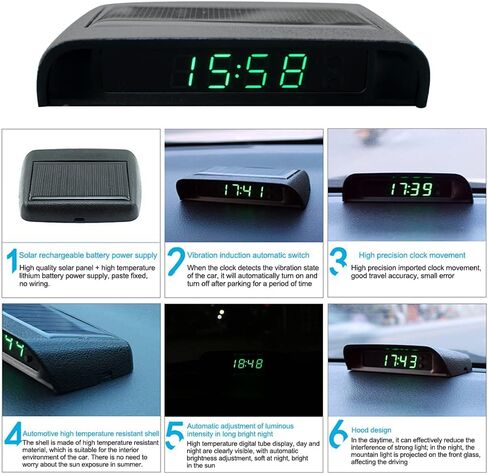 ساعة LCD للسيارة تعمل بالطاقة الشمسية، ساعة سيارة مضيئة، عرض درجة الحرارة على مدار الساعة (أخضر) in Kuwait