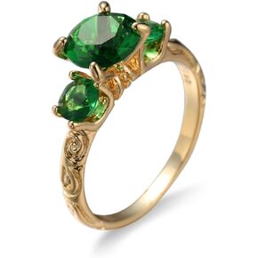 Green Simulated Emerald 18K Yellow Gold Plated Silver Women Ring ,Fashion Round-cut Cubic Zirconia Three-stone Engagement Ring (US size 10)