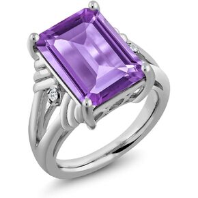 Gem Stone King 925 Sterling Silver Purple Amethyst and White Topaz Engagement Ring For Women (7.04 Cttw, Gemstone February Birthstone, Emerald Cut 14X10MM, Available in Size 5,6,7,8,9)