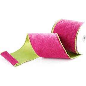 Mayreel 4 Inch Two-Tone Hot Pink and Lime Green Reversible French Velvet Wired Edge Ribbon, Christmas Ribbon Wired Double Face Design, 10 Yards for Christmas Tree Decoration and Gift Wrapping