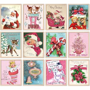 Whaline 12Pcs Christmas Wall Art Prints Santa Reindeer Snowman Paper Posters Vintage Decorative Aesthetic Pictures for Xmas Home Office Gallery Party, 8 x 10 Inch, Unframed