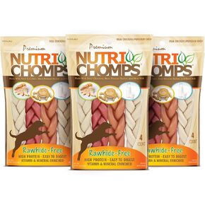 Nutri Chomps Dog Chews- 6-inch Braids,Easy to Digest, Rawhide-Free Dog Treats, Healthy, 4 Count, Real Chicken, Peanut Butter and Milk Flavors, Bundle of 3