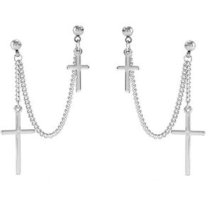 NewZenro Double Cross Ball Piercing Chain Minimalist Dangle Drop Stud Cuff Earrings for Two Holes Men Women 2nd Ear Cartilage Stainless Steel Punk Dangling Gifts for Birthday Bff Son Xmas