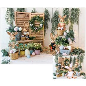 Allenjoy 8x6ft Spring Easter Backdrop Hare Rabbits Colorful Eggs Rustic Wood Floor Photography Background for Kids Children Newborn Baby Shower Birthday Party Decor Banner Portrait Photo Booth Props