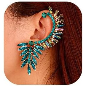Denifery Crystal Leaf Climbers Crawler Earrings Cute Rhinestone Ear Cuff Wrap Clip Stud Earring Climber Ear Clip Fashion Jewelry for Women (Blue)