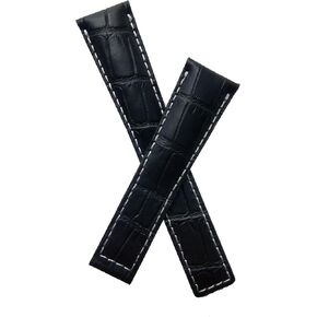 Watchstrapworld Extra-long 22 mm Black alligator-style genuine leather watchband with white stitching to fit TAG Heuer Monaco, Silverstone & Targa Florio (Spring bars included)