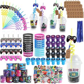 LiYiQ 292 Pcs Video Game Party Favors With Reusable Drinking Straws Cups Slap Bracelets Keychains Gift Tags Stamps Stickers and Twist Ties for Kids Gamer Birthday Party Supplies (video games)