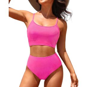 Tempt Me Women High Waisted Bikini Sets Ribbed Two Piece Color Block Sporty Scoop Neck Swimsuit for Teens