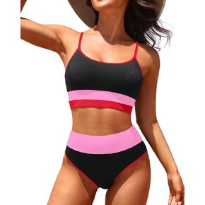 Tempt Me Women High Waisted Bikini Sets Ribbed Two Piece Color Block Sporty Scoop Neck Swimsuit for Teens