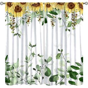 Sunflower Curtains, Summer Autumn Watercolor Floral Botanical Printed Window Treatments for Kids Boys Girls Bedroom Living Room Window Drapes 42x45 Inch