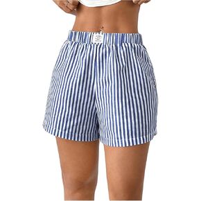 SHENHE Women's Striped Linen Shorts Elastic Waist Summer Straight Leg Casual Shorts
