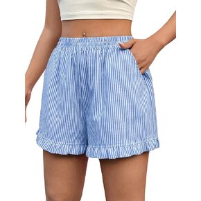 Verdusa Women's Elastic High Waist Ruffle Trim Striped Print Casual Shorts