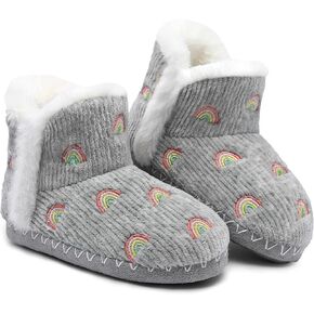Bigwow Toddler Girls Boys Fuzzy Knit Bootie Slippers Rainbow Embroidery Plush Lined Ankle Boots Winter Warm Indoor House Slipper Shoes for Little Kids