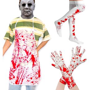 Halloween Bloody Butcher Costume Set - Chef Apron Gloves Stockings - Halloween Bloody Costume Horror Set Scary Blood Handprint Costume Party Costume Prop