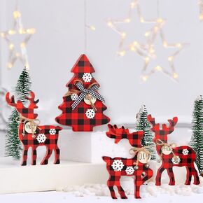 4 pcs Reindeer Christmas Decoration Indoor, Cute Wooden Reindeer with Bell Christmas Tiered Tray Decor, Rustic Reindeer Xmas Tree Figurine Decor for Home Shelf Cabinet Tabletop (Red Black Plaid)