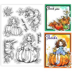 GLOBLELAND Autumn Thanksgiving Lady Clear Stamps Pumpkin Maple Leaf Silicone Clear Stamp Seals Pumpkin Corners Mushroom Transparent Stamps for DIY Scrapbooking Cards Making Photo Album Journal