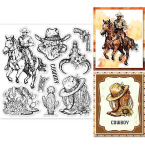 GLOBLELAND Cowboy Clear Stamps for Cards Making Wild West Clear Stamp Seals 5.91x5.91inch Transparent Stamps for DIY Scrapbooking Photo Album Journal Home Decoration