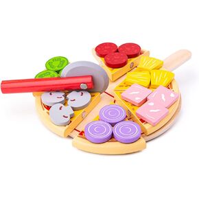 Bigjigs Toys Wooden Cutting Pizza with Wooden Toppings and Pizza Slicer - Play Food and Role Play for Kids