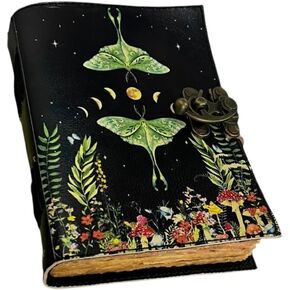 Spell Book of Shadows Journal with Lock Clasp Witchcraft Supplies Vintage Handmade Leather Luna Moths and Morpho Butterfly Print Diary Witchcraft Supplies Prayer Pagan Wiccan Decor Notebook Daily