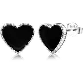Heart Stud Earrings for Women - Sterling Silver Black Heart Earrings Hypoallergenic Minimalist Love Heart-Shaped Earrings for Sensitive Ears Fashion Post Earrings Gifts for Birthday Valentine’s Day