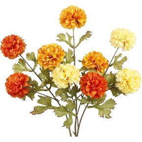 CISDUEO 3 Pcs Artificial Marigold Flowers Bouquet Artificial Chrysanthemums Flowers Ball Flowers Orange Fake Mums Flowers Silk Fall Flowers Branches for Home Decor Floral Arrangement Table Centerpiece