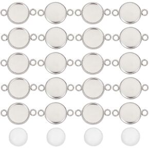 SUNNYCLUE 1 Box 48Pcs Stainless Steel Cabochon Settings Kit 4 Sizes Bezel Tray Connectors with Double Loop Flat Round Links Connector & 4 Sizes Transparent Glass Cabochons for Jewelry Making