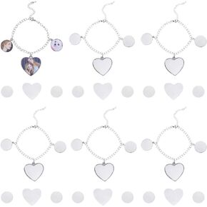 DICOSMETIC 6 Sets Sublimation Blank Bracelets Alloy Brass DIY Photo Bracelets with Heart Round Bezel Setting Heat Transfer Personalized Friendship Bracelet Making Kit, Platinum