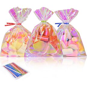 PACKSISTER Holographic Cellophane Treat Bags with Twist Ties for Gift Wrapping, Bakery, Cookie, Candies, Dessert, Baskets Packaging(5"X7",100 Pcs)