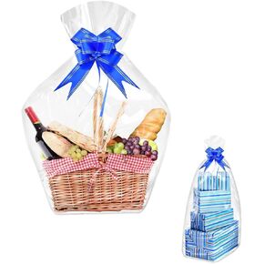 Gift Wrap Cellophane Bags, Pack of 6, 40"x50" Clear Plastic Cello Bags with Gift Wrap Bows for Gift Baskets, Jumbo Huge Present Basket Bags for Birthday, Baby Shower, Wedding, Graduation, Blue Ribbons