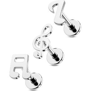 OUFER 3Pcs Helix Piercing Jewelry, Music 316L Stainless Steel Cartilage Earring Flat Back, Internally Threaded 16G Silver Tragus Conch Labret Medusa Piercing Jewelry for Women Men