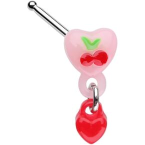 Pierced Owl 20GA Stainless Steel Pink Cherry Heart with Dangling Red Heart Nose Bone Stud