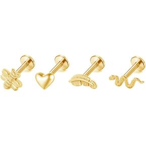 Bee Love Heart Snake Feather 16g Labret Cartilage Tragus Monroe Lip Nose Stud Earrings Hypoallergenic Stainless Steel 14K Gold Plated Punk Animal Small Tiny Little Piercings Jewelry Gifts for Women Teen Girls Her Birthday Bff 4Pcs Set