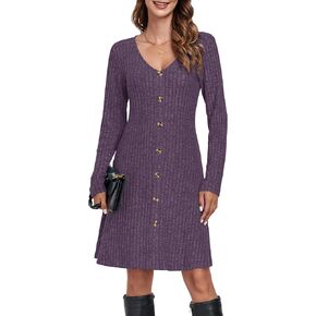 MOLERANI Women V Neck Long Sleeve Fall Dresses 2024 Knee Length Knit Casual Sweater Dress Button A Line Flowy Dresses