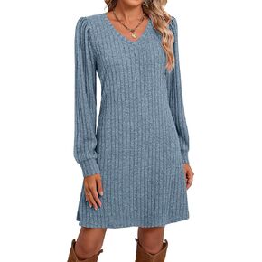 Ficerd Women's Knit Dress Long Sleeve Sweater Dress Casual V Neck Tunic Dress 2024 Fall Trendy Outfits