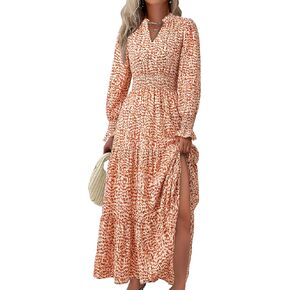 PRETTYGARDEN Women's Long Sleeve Maxi Dress Casual V Neck Smocked Waist Ruffle Flowy Boho Beach Dresses with Pockets