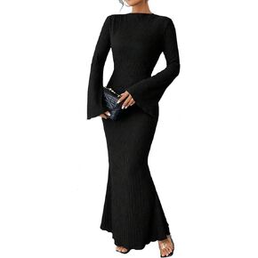 Narecte Fall Dresses for Women 2024 Maxi Dresses Solid Color Boho Dresses Flare Sleeve Dress Bodycon Dresses