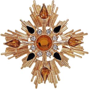 Gorgeous Gold Metallic Maltese Cross Brooch – Burst Style Jewelry with Brown Stone and Clear Crystals – Vintage Statement Pin