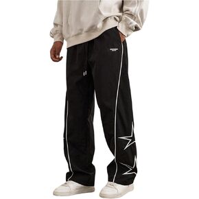 OYOANGLE Men's Graphic Print Drawstring Elastic Waist Cargo Pants Loose Fit Straight Leg Trousers
