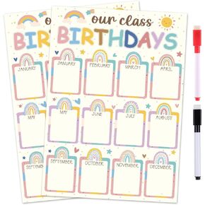 Wxiben Happy Birthday Chart Poster - 2 Pcs Boho Birthday Calendars Chart Birthday with 2 Pcs Pens Colorful Plaid Posters for Classroom Bulletin Board Decorations for Chalkboard Wall Decor
