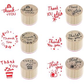 6 Pcs Thank You Stamps Set, Wooden Stamps Set for Card Making, 6 Styles Round Rubber Stamps Server Stamps, Stamps for Crafting for Photo Album Decoration DIY Crafting and Scrapbooking