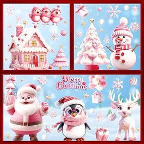 4 Sheets Large Size Christmas Window Clings with Silver Glitter, Bling Vintage Santa Snowman Decor, Christmas Snowflake Window Clings Stickers for Glass, Christmas Window Decals Decorations(Red Elk)