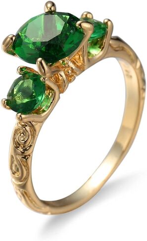 Green Simulated Emerald 18K Yellow Gold Plated Silver Women Ring ,Fashion Round-cut Cubic Zirconia Three-stone Engagement Ring (US size 10) in Saudi Arabia